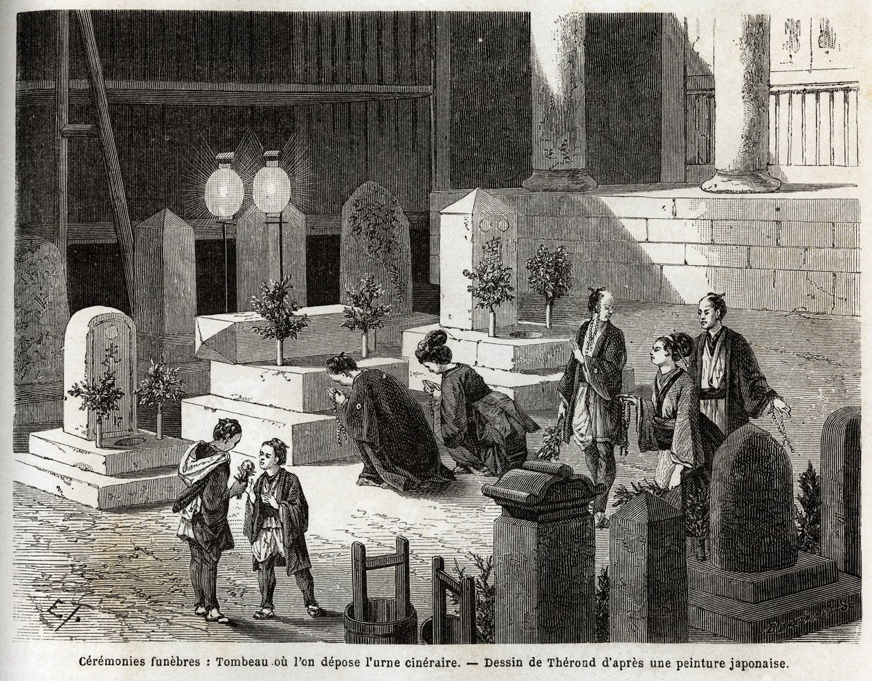 Temetési szertartások: sír, ahol a hamvas urnát helyezik el. Aime Humbert, a Svájci Államszövetség minisztere, a „Le tour du monde, nouveau Journal des voyages” 1863–1864-es japán utazását illusztráló metszet, amely a következő irányítása alatt jelent meg. alkotó: Unknown artist