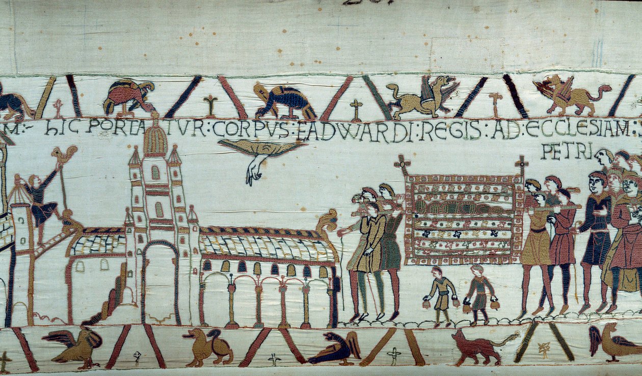 Edward angol gyóntató király temetése, holttestét a Szent Péter-templomba viszik a Bayeux-i gobelin vagy Mathilde királynő hímzése részlete alkotó: Unknown artist