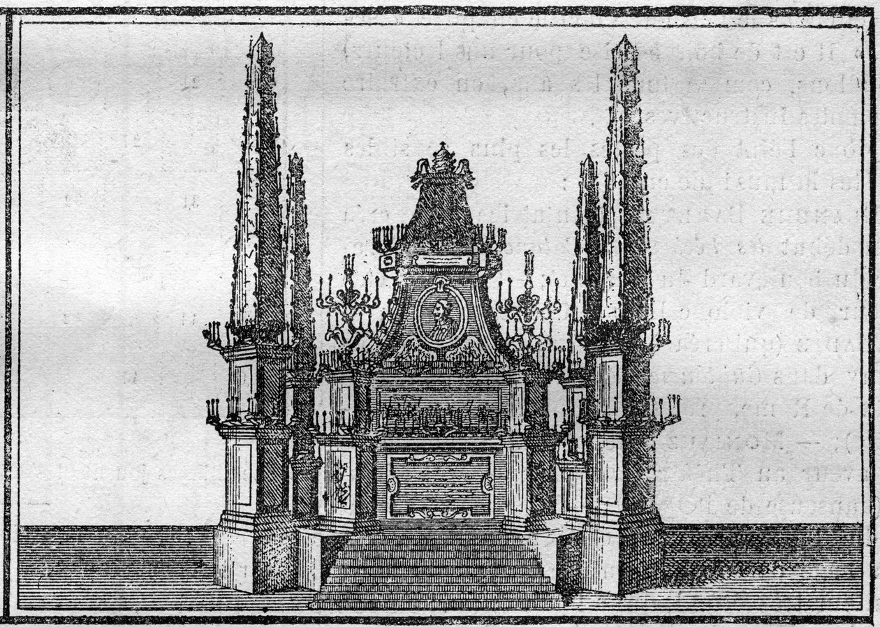 Pápa temetése a 18. században: a néhai pápa katafalkja. Metszet a „Histoire des vallások”-ba. alkotó: Unknown artist
