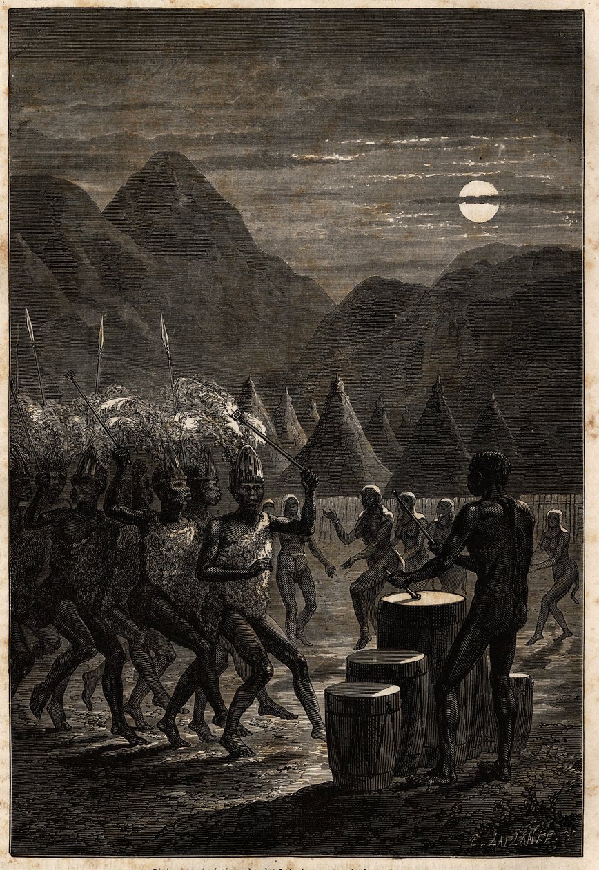 Temetési szertartás a lakuták (a Felső-Nílus vidékén található törzs) között, dobok és rituális táncok a holdfényben. Engravure pour illustration le voyage au lac Albert, en 1861-1864, Sir Samuel White Baker, „Le tour du monde, nouveau journal des alkotó: Unknown artist