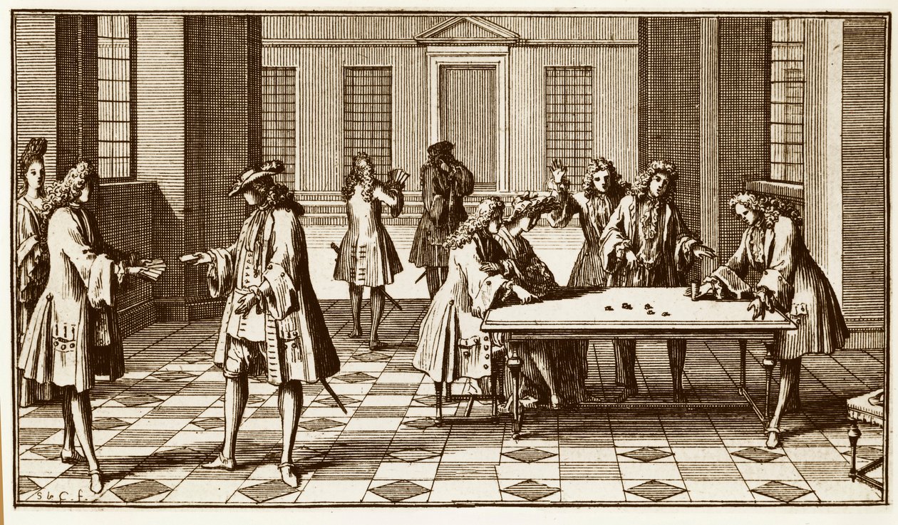 Játékterem a 18. században – Sebastien Le Clerc metszete Pierre Remond de Montmort 1708-as „Essay d’analyse sur les jeux de véletlen” c. alkotó: Unknown artist