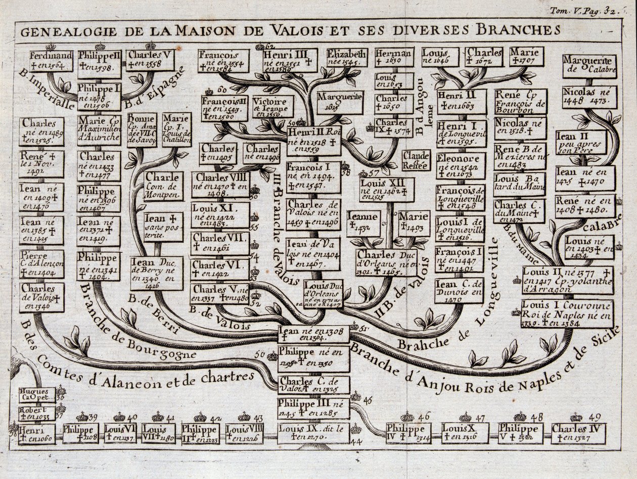 A Valois-ház genealógiai fája és különféle ágai - in „” A Sieur de Chevigni kard- és ruhaudvarának szereplőinek tudománya alkotó: Unknown artist