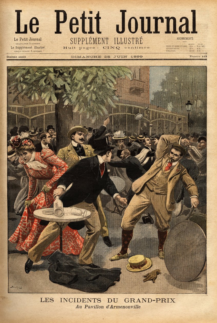 Általános küzdelem a Longchamp Grand Prix versenyeken, melynek eredete Charles Dupuy (1851-1923), belügy- és vallásügyi miniszter nyilatkozatainak köszönhető, aki azzal izgatta a jelenkori polgárokat, hogy elhitette velük, hogy a köztársaságot fenyegető ve alkotó: Unknown artist