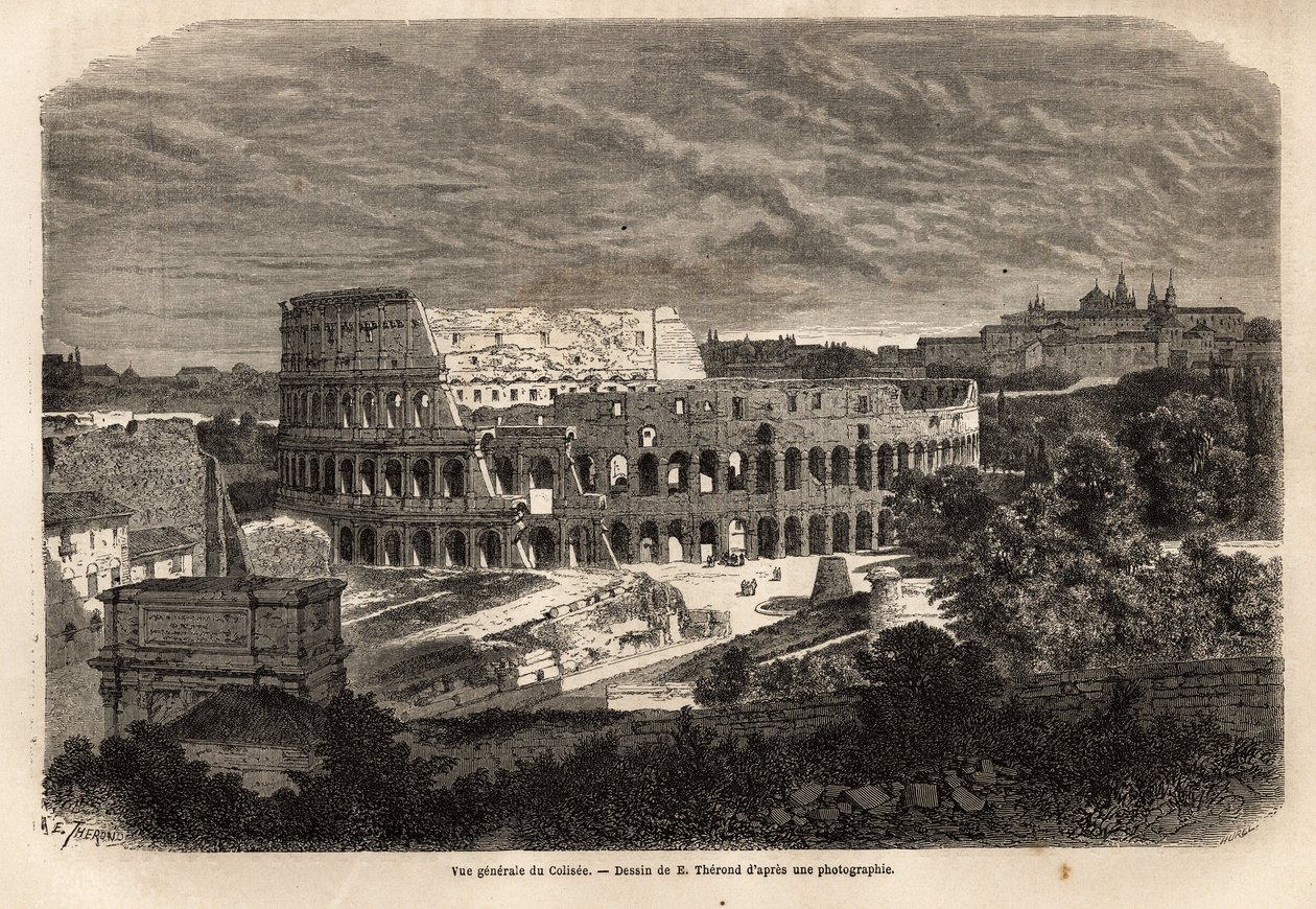 A Colossee általános képe, Rómában, Titus császár uralkodása alatt 80-ban elkészült Flavius amfiteátrum, 75 000 fő befogadására alkalmas, egészen a 6. századig szolgált, a császári Róma jelképe, a Forum Romanumtól keletre található. van alkotó: Unknown artist