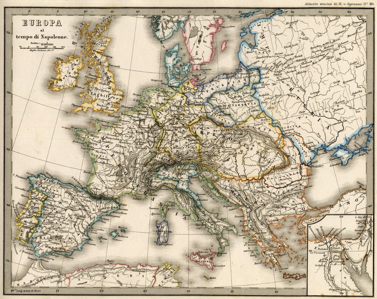 Európa földrajzi térképe I. Napóleon idejében. K. von Sruner „Atlante Storico Geografico” c. alkotó: Unknown artist