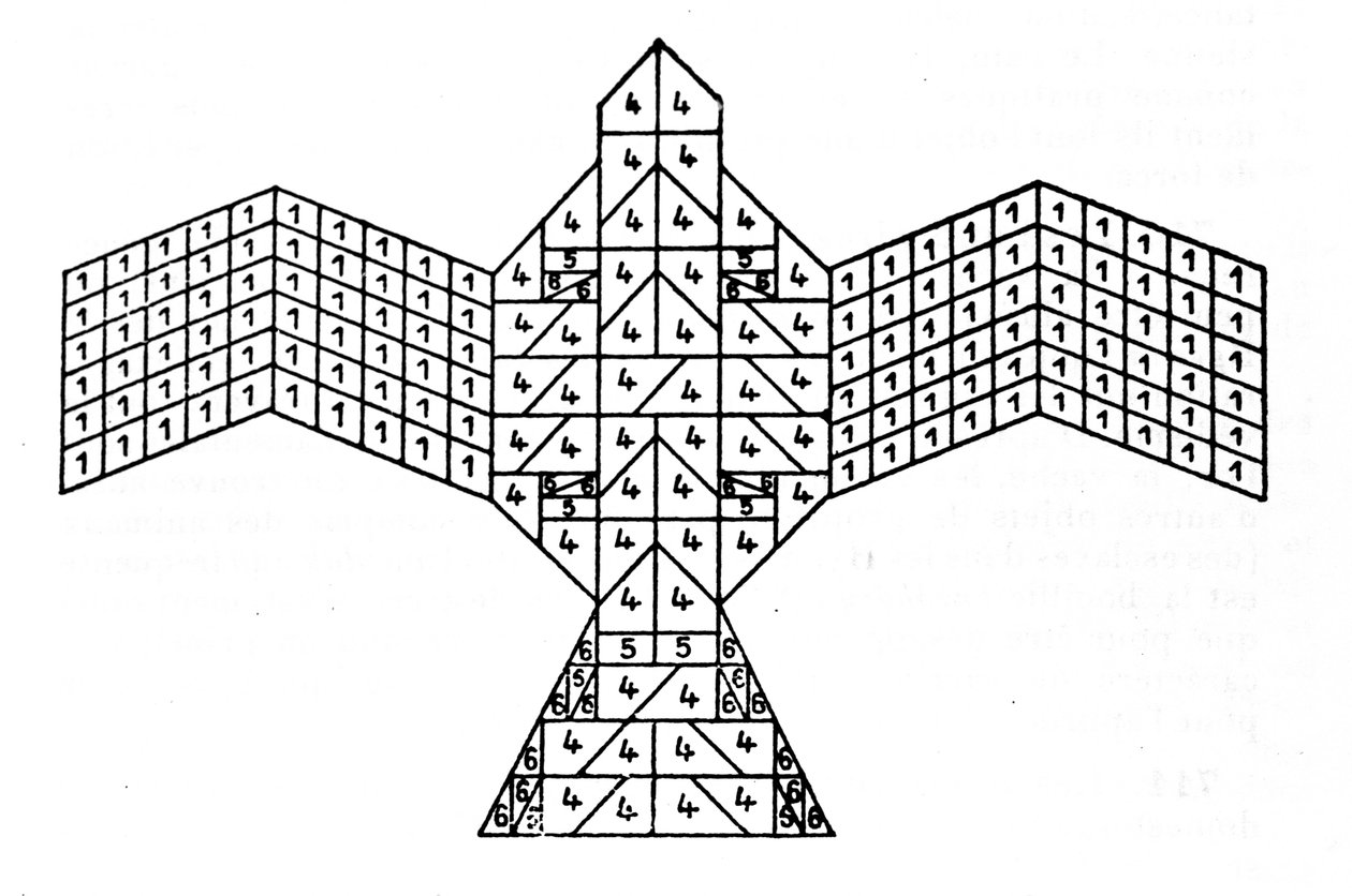 A Sulbasutra geometriája: a tűzoltár sólyom formájú terve. Az áldozati oltárok építési szabályaira utaló matematikai séma India védikus korszakából (Kr. e. 1500-500). A Bengáli Ázsiai Társaság folyóirata alkotó: Unknown artist