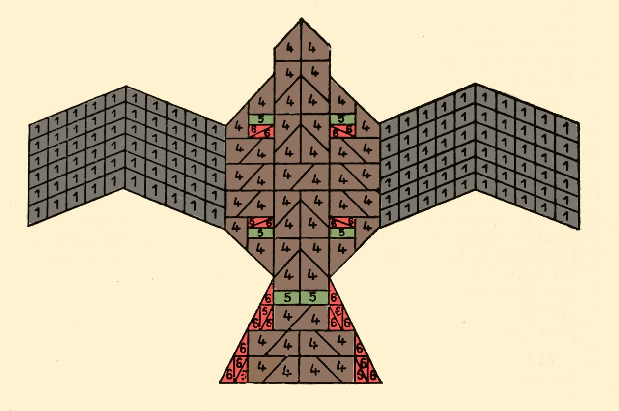 A Sulbasutra geometriája: a tűzoltár sólyom formájú terve. Az áldozati oltárok építési szabályaira utaló matematikai séma India védikus korszakából (Kr. e. 1500-500). A Bengáli Ázsiai Társaság folyóirata alkotó: Unknown artist