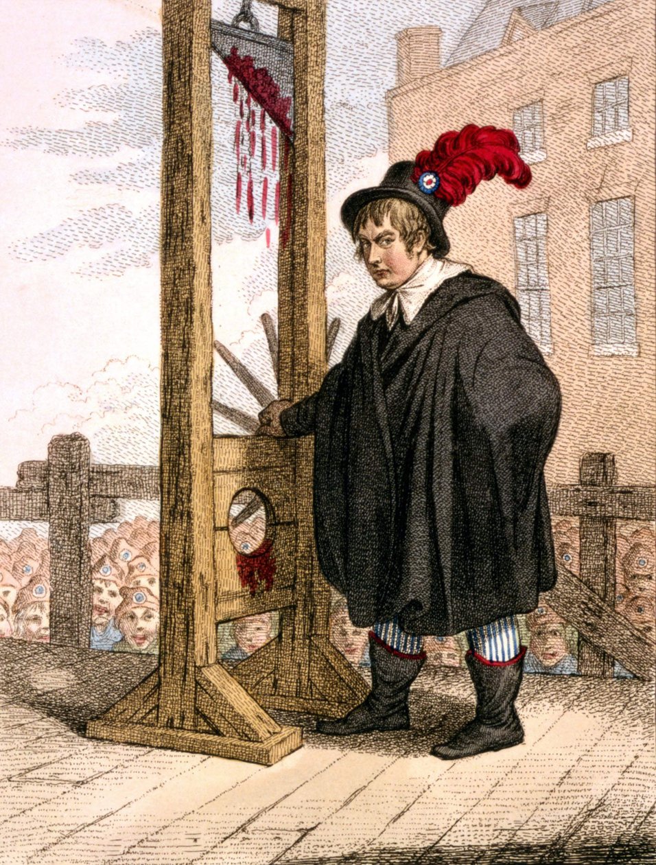 George Tierney hóhérnak öltözött egy guillotine mellett. alkotó: Unknown artist