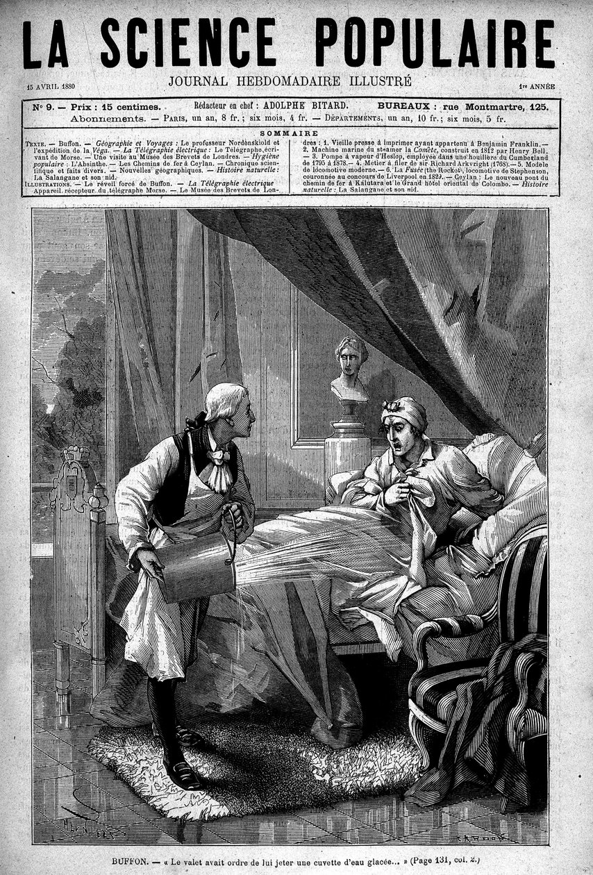 Georges Louis Leclerc Buffon az ágyában, a völgy egy vödör jeges vizet dobott rá. A „Népszerű tudományban”, április 15 alkotó: Unknown artist