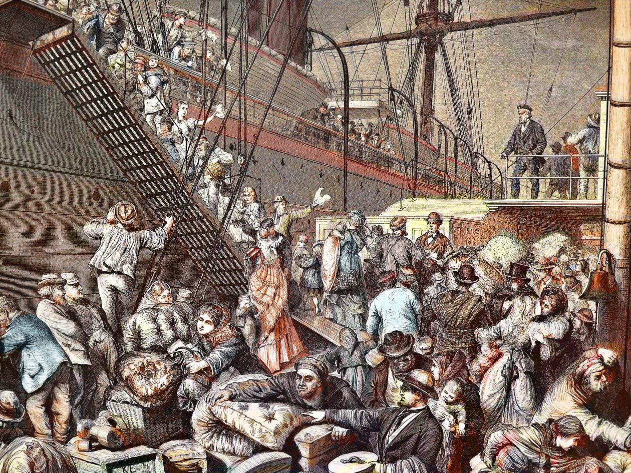 Német emigránsok New Yorkba hamburgi gőzhajóra szállva 1874-ben, metszet - (Deutsche Emigranten) alkotó: Unknown artist