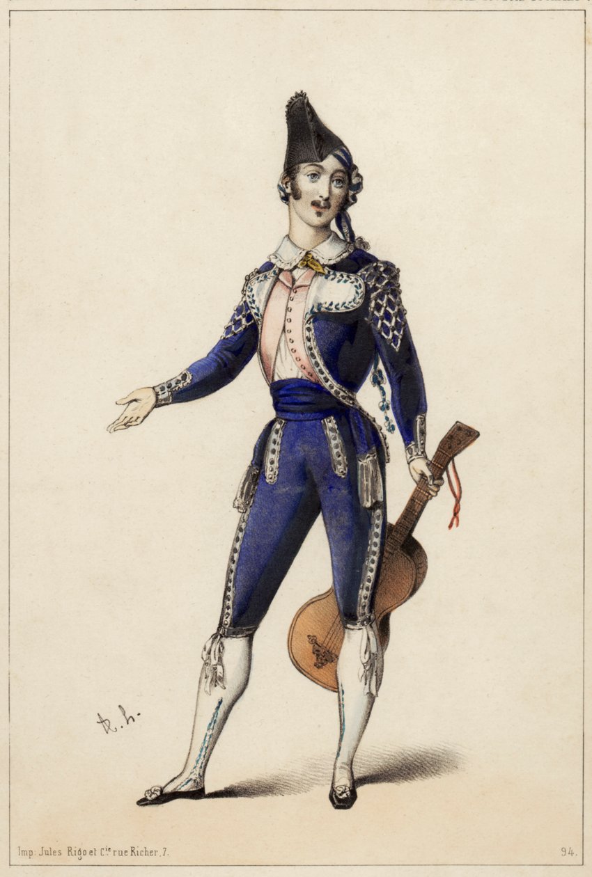 Giorgio Ronconi Figaro szerepében Gioacchino A. Rossini A sevillai borbély című operájában alkotó: Unknown artist