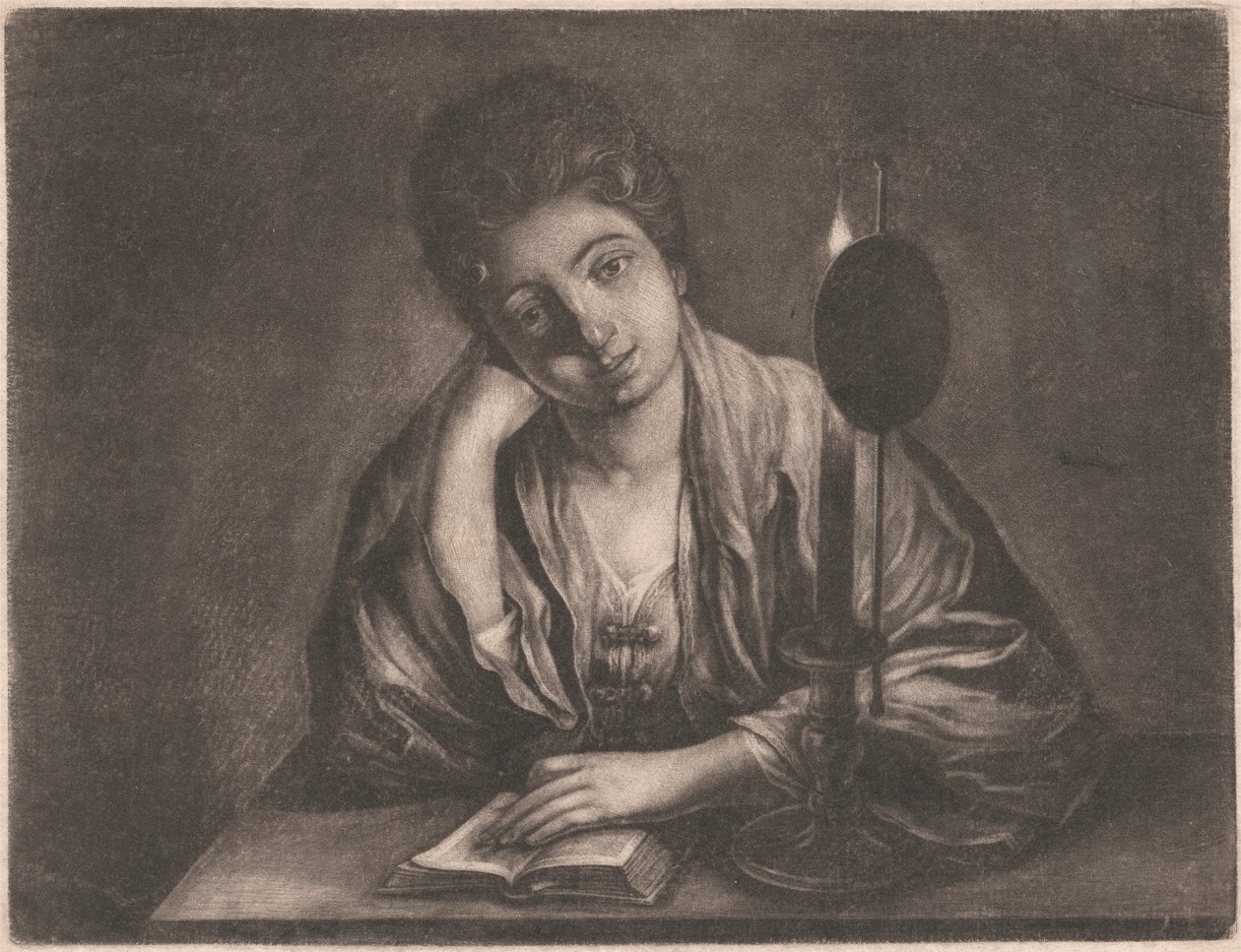 Gyertyafénynél olvasó lány alkotó: Unknown artist