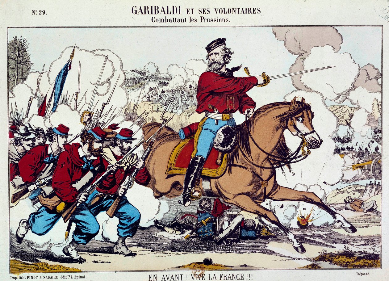 Giuseppe Garibaldi (1807-1882) önkénteseivel harcolt a poroszok ellen. „Előre, éljen Franciaország” 1871 körül. Metszet B.N. Párizs alkotó: Unknown artist