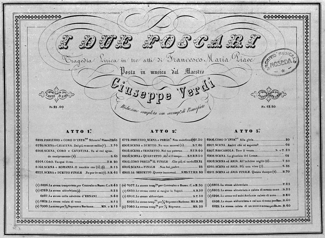 Giuseppe Verdi: kotta zongorára az „I Due Foscari” című operához. alkotó: Unknown artist