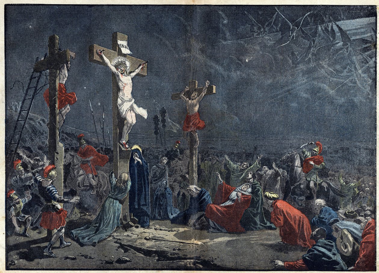 Nagypéntek: Jézus Krisztus (Jézus Krisztus) keresztre feszítése. Illusztráció az április 3-i „” le Pelerin”-ben alkotó: Unknown artist
