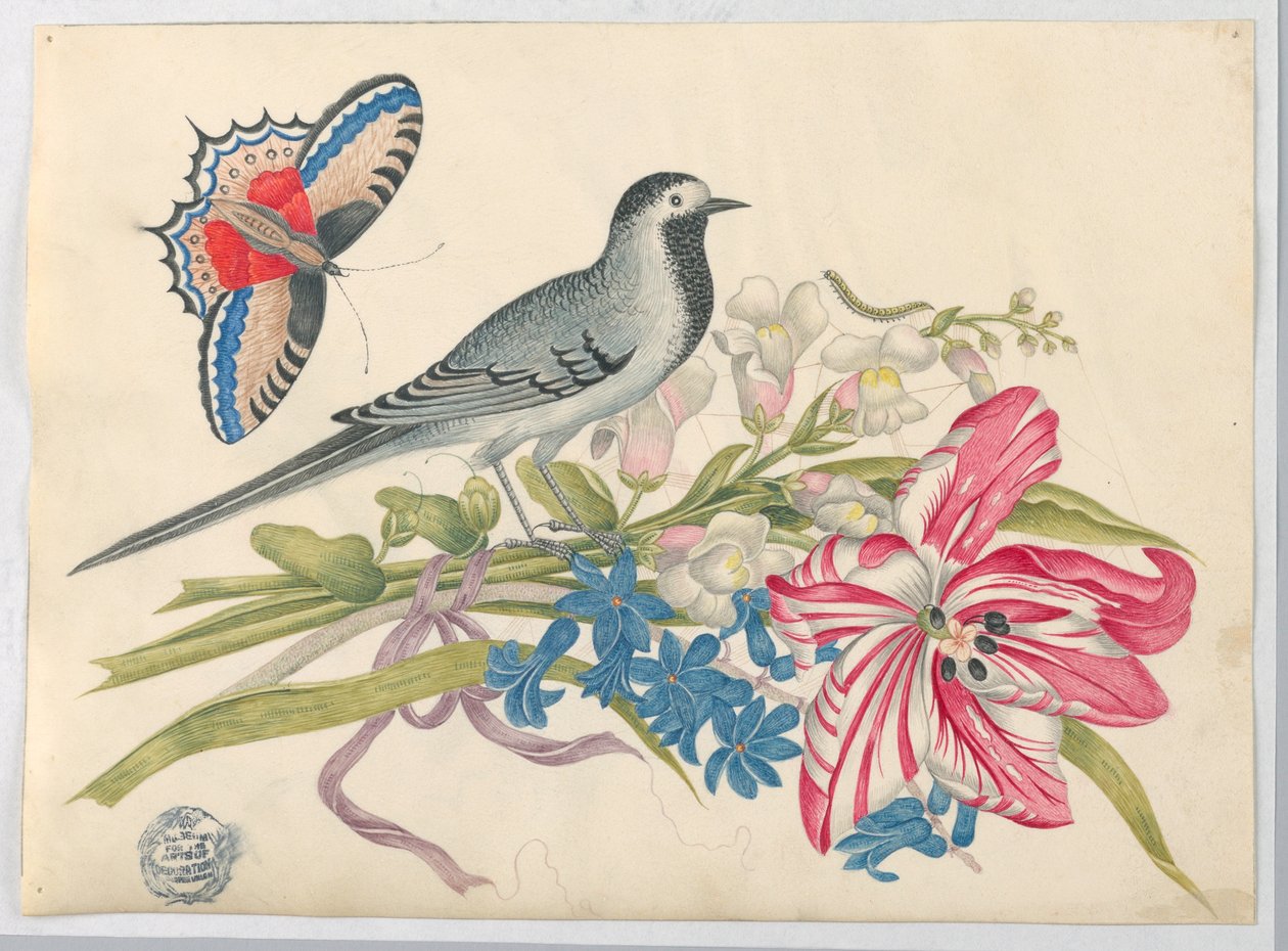 Gray Bird on Branch tulipánnal, Snapdragons és Forget Me-Nots with Butterfly alkotó: Unknown artist