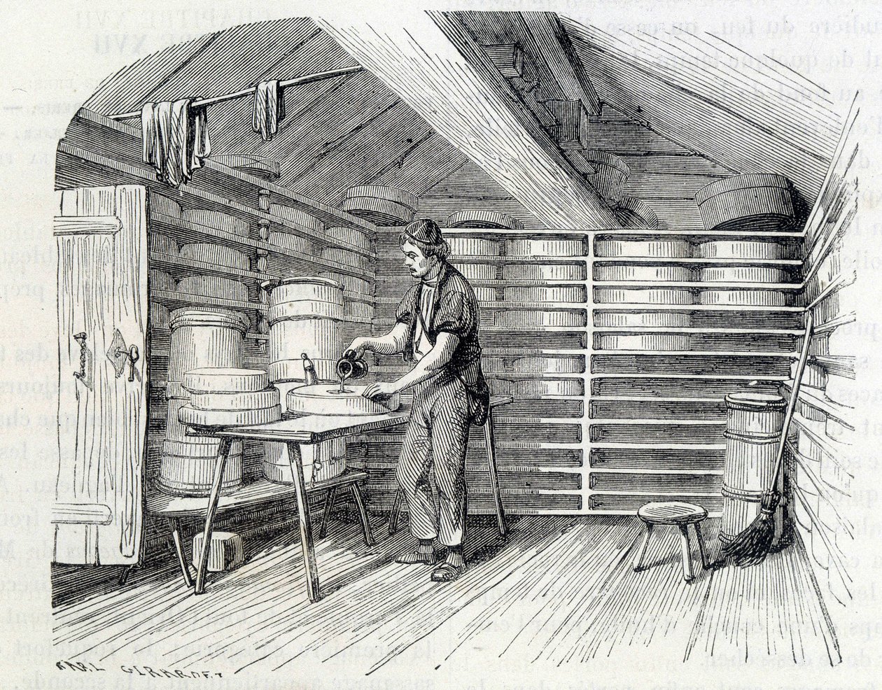 Gruyère sajtüzlet egy svájci faházban (a tészta mosása) – Louis Figuier „Az ipar csodái” c. alkotó: Unknown artist
