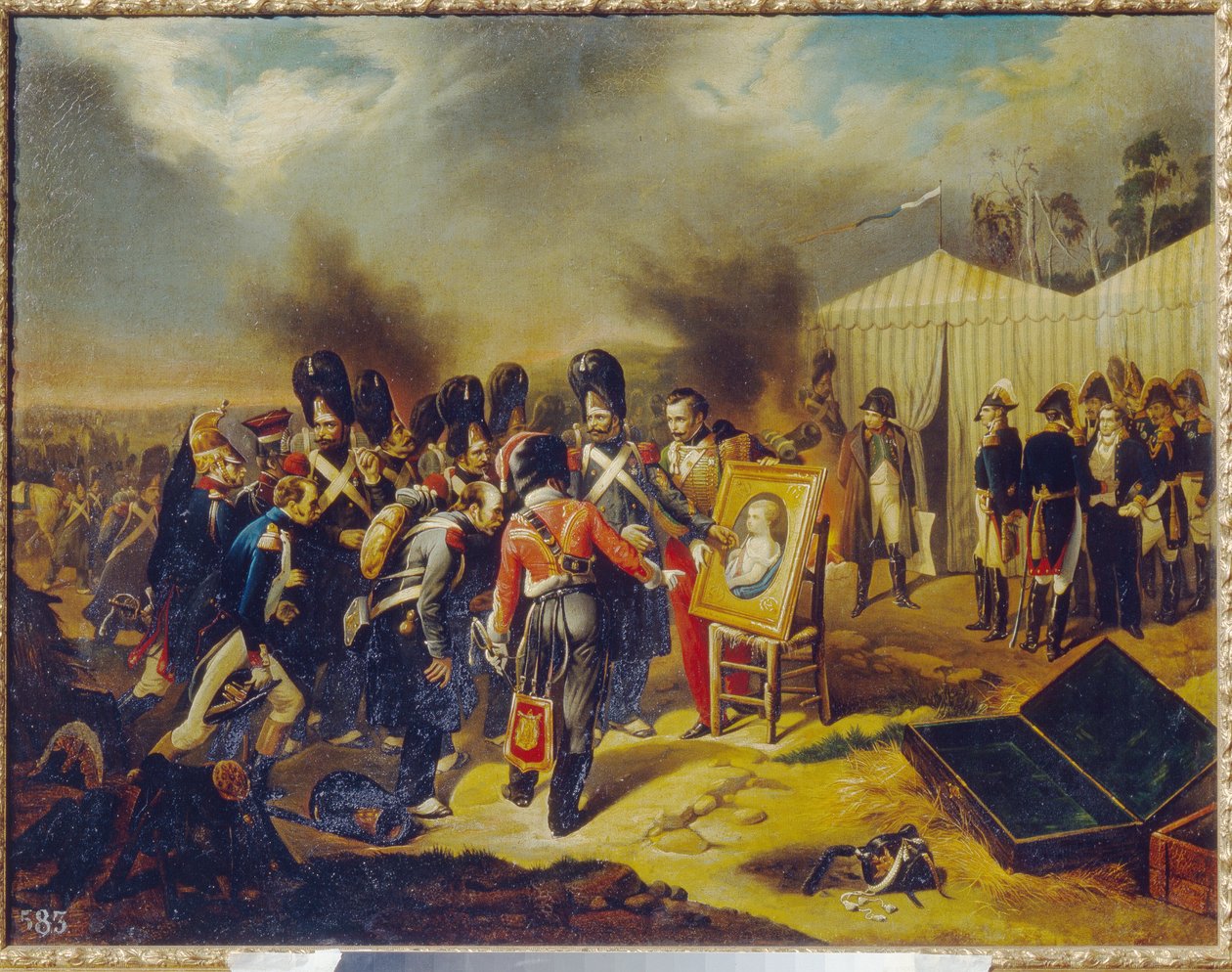 Napóleoni háborúk, orosz hadjárat (1812): I. Napóleon királyi gárdája a császár fiának, II. Napóleonnak, Reichstadt hercegének és Róma királyának (1811-1832) Aiglonnak becézett portréjában gyönyörködik – A császár a jelenetet szemléli a maga előtt. sátor alkotó: Unknown artist