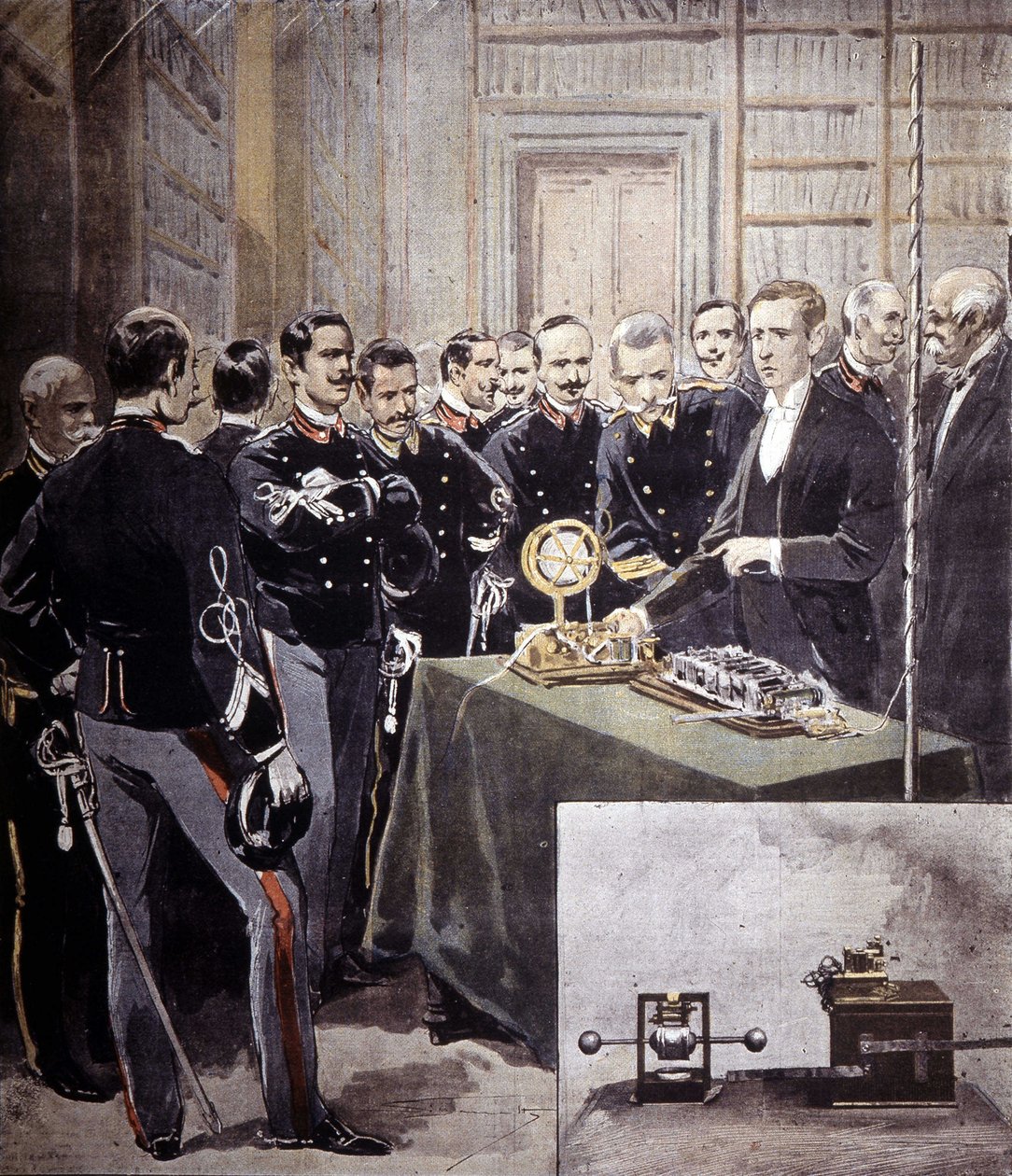 Guglielmo Marconi 1897-ben a Haditengerészeti Minisztériumban tartott konferencián bemutatta a vezeték nélküli távírót (TSF). alkotó: Unknown artist