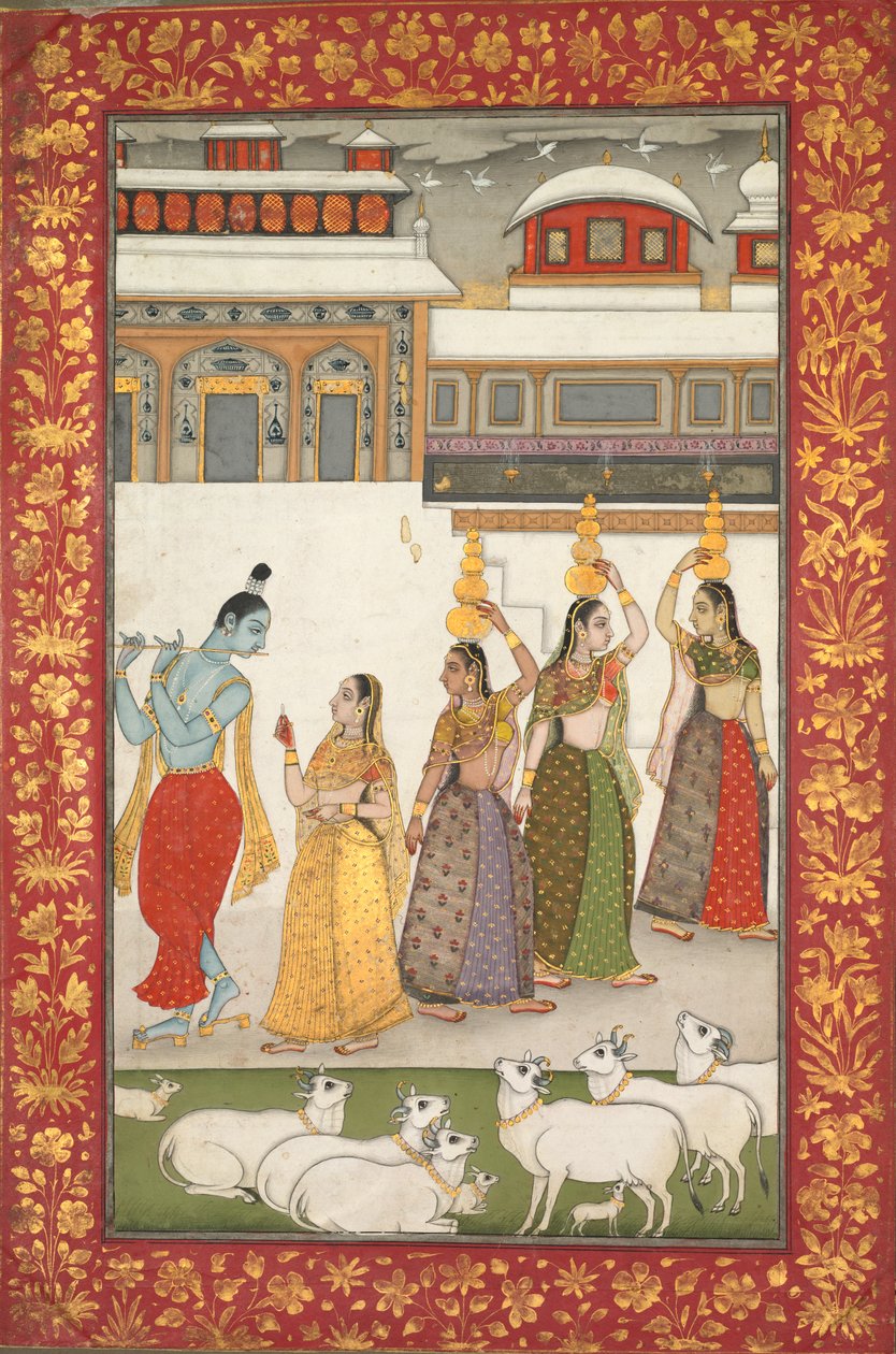 Gujari Ragini (Krishna fuvolán játszó gopikkal), egy Ragamala sorozatból alkotó: Unknown artist