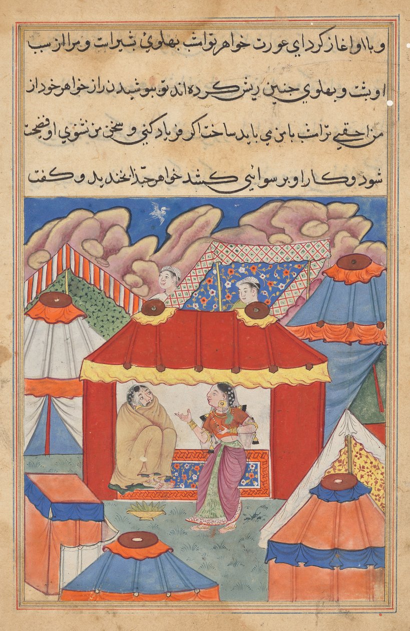 Habbaza nővére, akit vigasztalni küldenek, felfedezi a helyén az álcázott arabot, egy Tuti-namából (Papagáj meséi): Huszonnegyedik éjszaka alkotó: Unknown artist