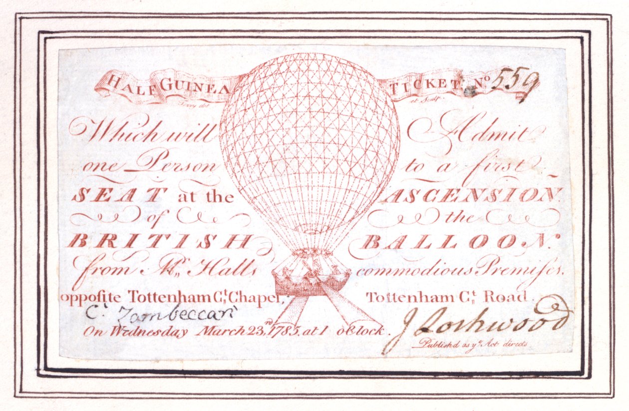 Fél guinea jegy ballonos emelkedésre a Tottenham Court Roadon, London, 1785. március 23. alkotó: Unknown artist