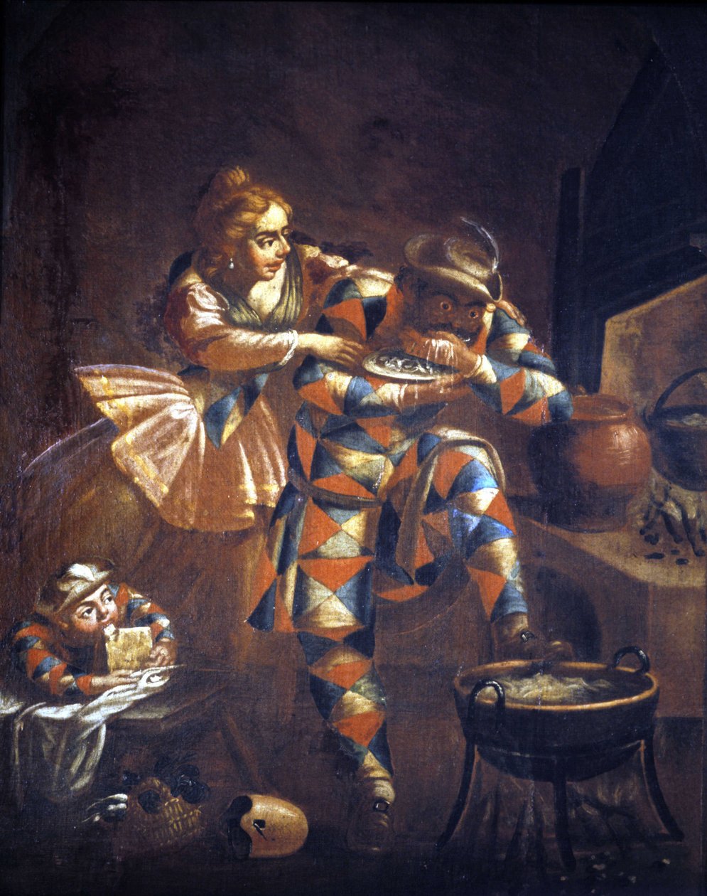 Harlekin falánk. Mindig próbál valami ennivalót fogni, az elmúlt évszázadok nyomorúságának jelképe. Festészet 18. század. . Milánó alkotó: Unknown artist