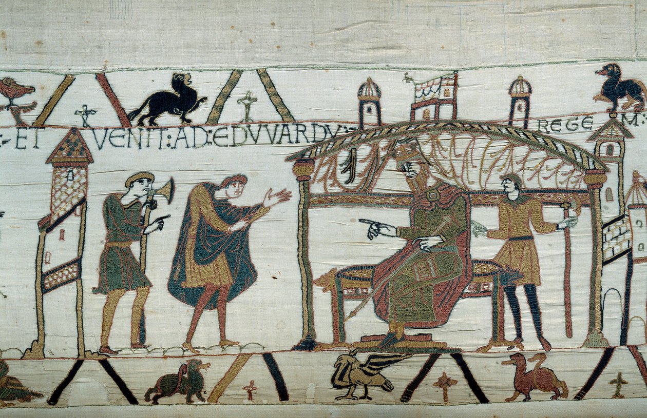 Harold, aki visszatért Angliába, miután a Hódító Vilmos hercegnél (1027-1087) volt nagykövetsége, elmesélte a gyóntató Edward királynak tett utazását. A Bayeux-i kárpit vagy Mathilde királynő hímzése részletei alkotó: Unknown artist