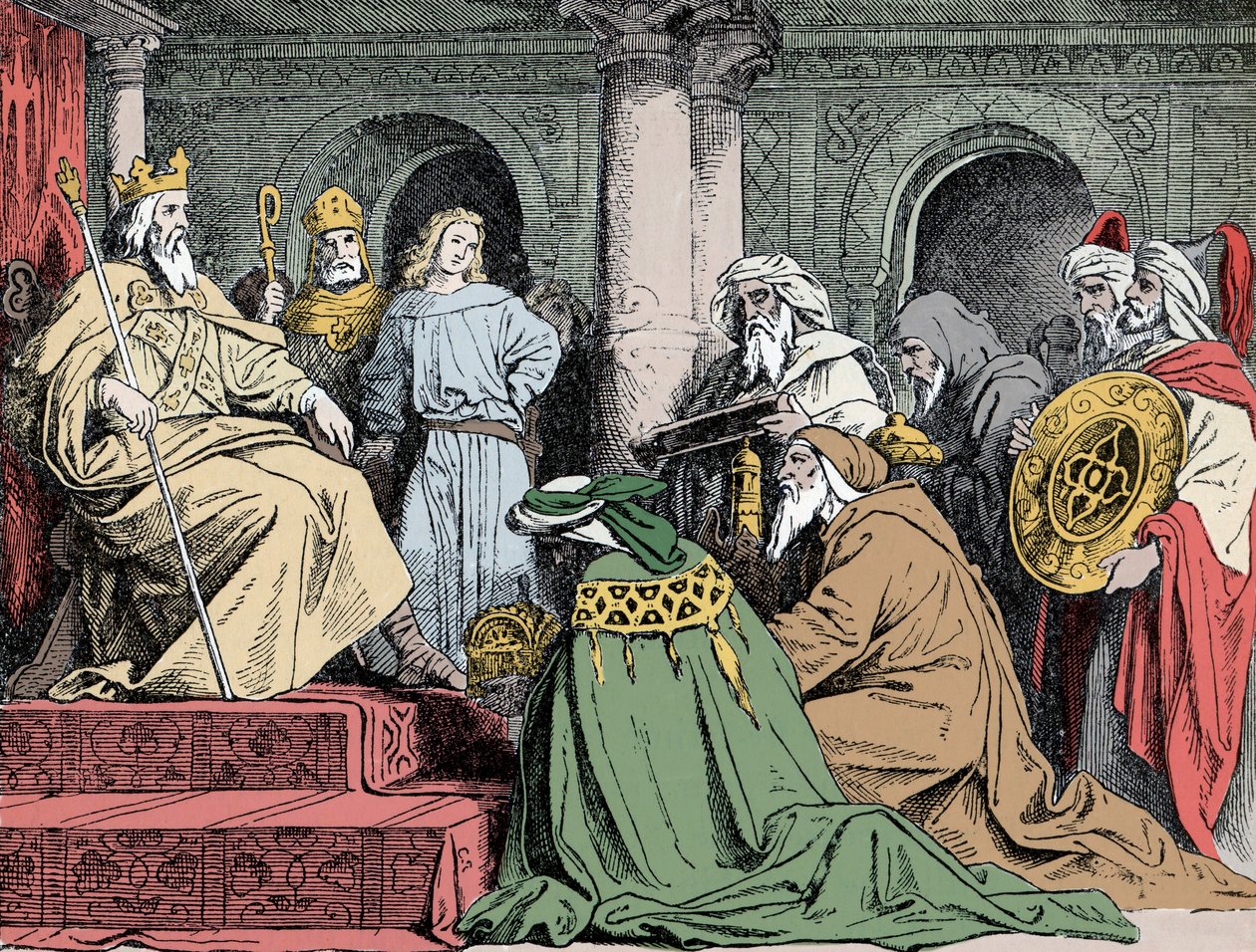 Harun al Rashid ajándékai – Haroun ar Rachid (763-809) abbaszida kalifa nagykövetei felajánlják ajándékaikat Nagy Károlynak (742-814), 802 körül alkotó: Unknown artist