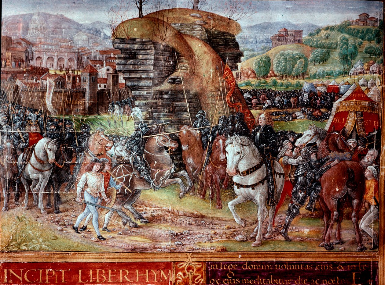 Dávid vezette héber lovagok a miniatűr filiszteusokon sétálnak a Ms. Plut kéziratból. 15/17, f. 3 „” Incipit Liber Hymnorum”” 15. századi Firenze, Biblioteca Laurenziana, alkotó: Unknown artist