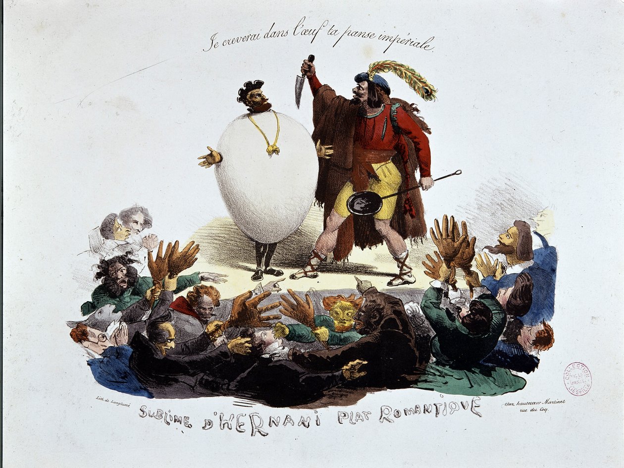 Hernani fenséges, romantikus étel - rajzfilm Victor Hugo „Hernani” című drámájáról (“A hernani csata”), névtelen litográfia alkotó: Unknown artist