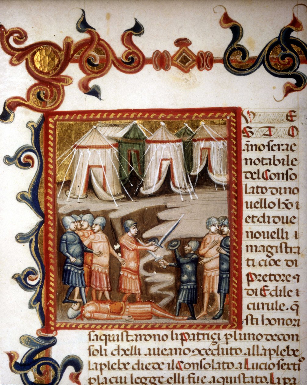 Historiae romanae évtizedek (= 10 könyvből álló csoportok) (a francia Róma történetében az alapítástól i.e. 292-ig) Titus Live (Titus Live) vagy Titus Livius latinul (-59 - 17). A római hódítást ábrázoló miniatűr. SD. 14. század. alkotó: Unknown artist