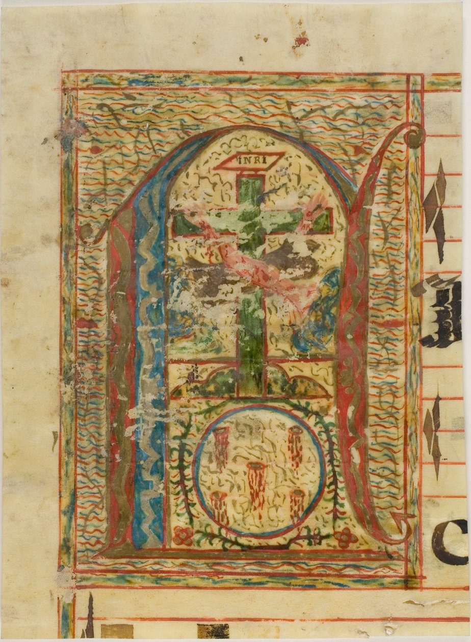 Historiázott "N" kezdőbetű feszülettel egy kéziratból alkotó: Unknown artist