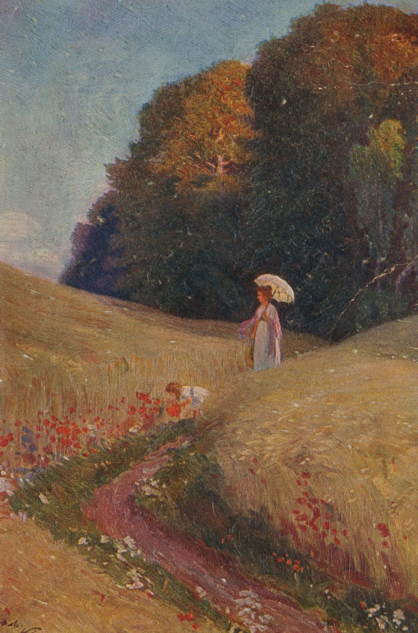 Történelmi üdvözlőlap egy festmény után, anya és lánya sétálnak a virágos réten alkotó: Unknown artist