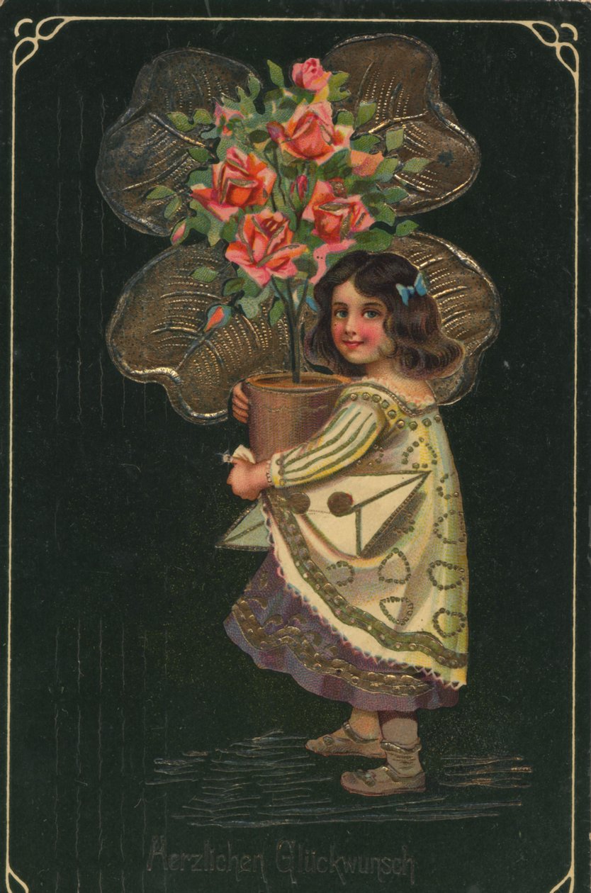 Történelmi üdvözlőlap egy gyermekkel és egy nagy cserepes növénnyel, rózsával alkotó: Unknown artist