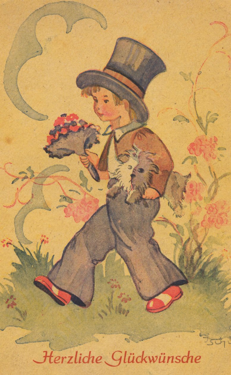 Történelmi képeslap egy fiú csokor virággal és egy kis kutyával, üdvözlőlap alkotó: Unknown artist