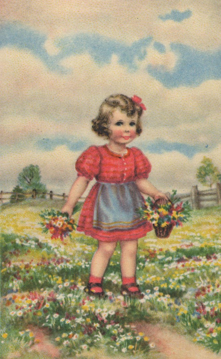 Történelmi képeslap egy boldog lánnyal a réten, üdvözlőlap alkotó: Unknown artist