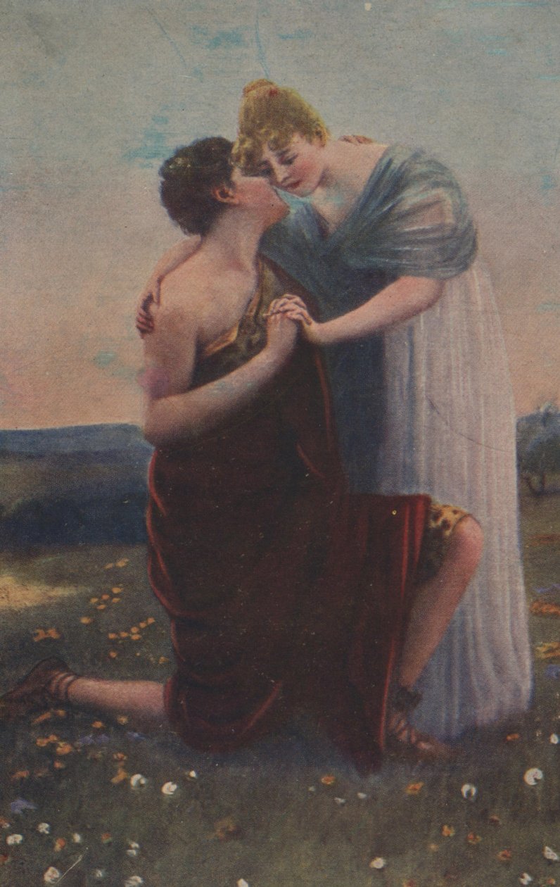 Történelmi üdvözlőlap történelmi motívummal, nővel és a középkor harcosával alkotó: Unknown artist