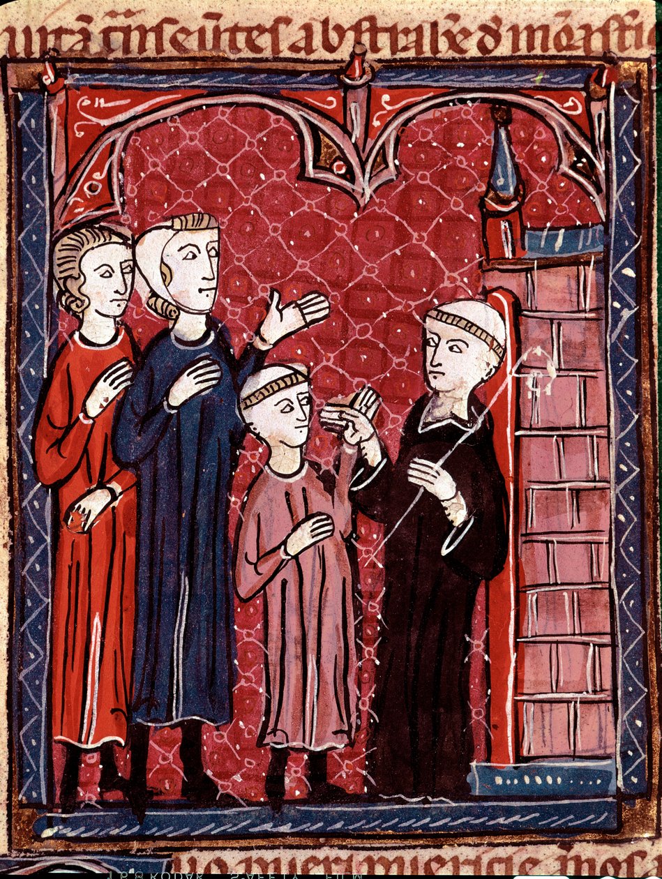 A kánonjog története: „”Két szülő kolostorba viszik fiát””” Miniatűr a „Decret de Gratien”-ből” („Concordia discordantium canonum” vagy „Decretum Gratiani”) 1140-ből származik, és szabályozza az 1140-es évek törvényeit és kánonjait. Római katolikus templom alkotó: Unknown artist