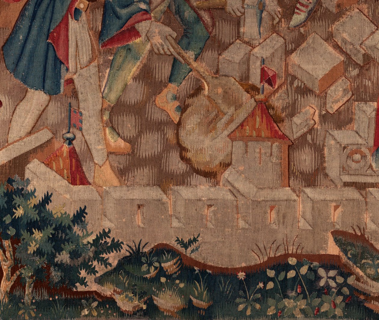 Saint Piat és Saint Eleuthère története, 5. jelenet Részlet balra lent. Városfalak és bokrok. alkotó: Unknown artist