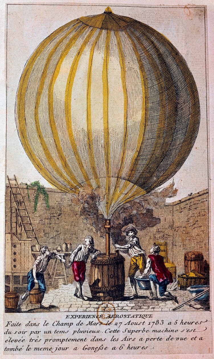 A léggömbök története: aerosztatikus tapasztalat a párizsi Champ de Mars-on 1783.08.27-én: a ballont Jacques Charles (1746-1823) töltötte meg hidrogéngázzal. Metszet a 18. századi Párizsról, B.N. alkotó: Unknown artist
