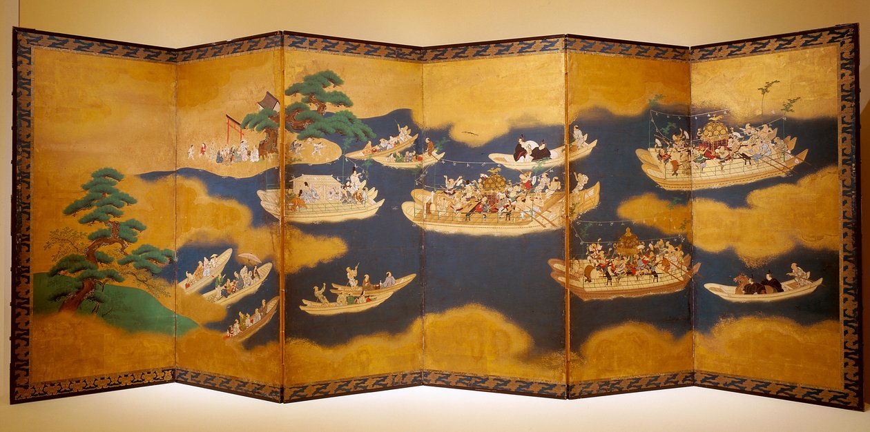 Hiyoshi-Sann? Fesztivál (tinta, színes és aranylevél papíron, hat paneles képernyő) alkotó: Unknown artist