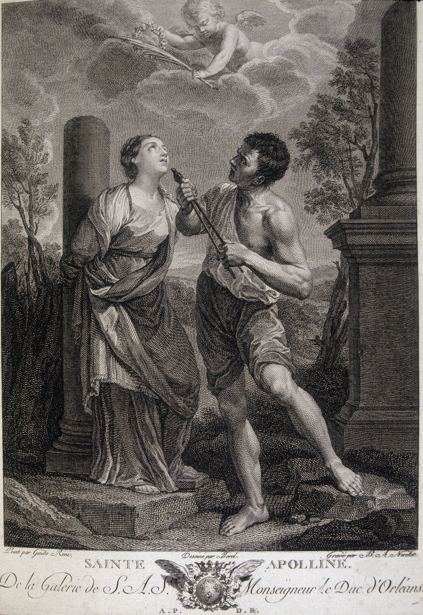 Szent Appoline-nak az üldöztetések alatt kitörik a fogai, mert nem volt hajlandó adót fizetni a római istenek előtt. 17. századi metszet. alkotó: Unknown artist
