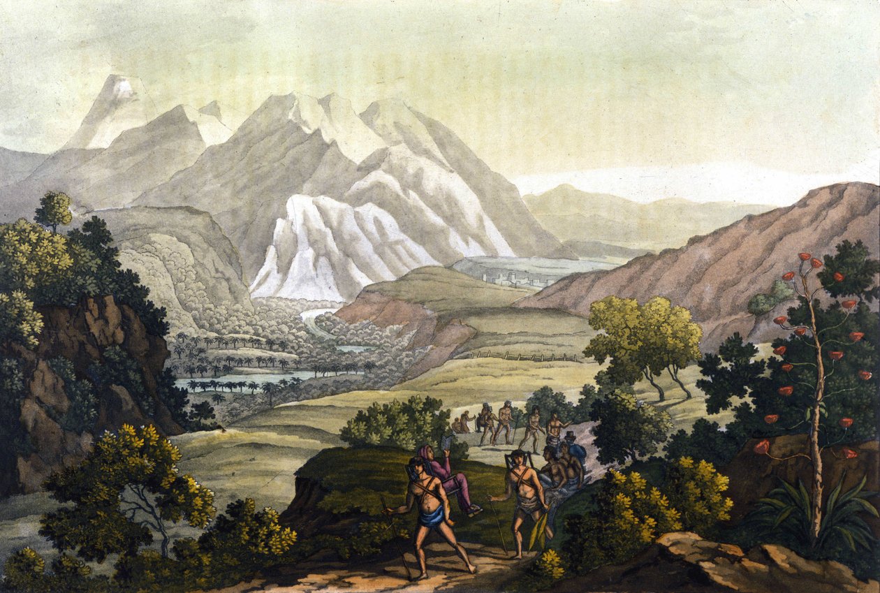 Humboldt és Bonpland hordozószékeken kelnek át Quindiu hegyén. Alexander Von Humboldt Andok-útjáról (Alexandre de Humboldt alkotó: Unknown artist