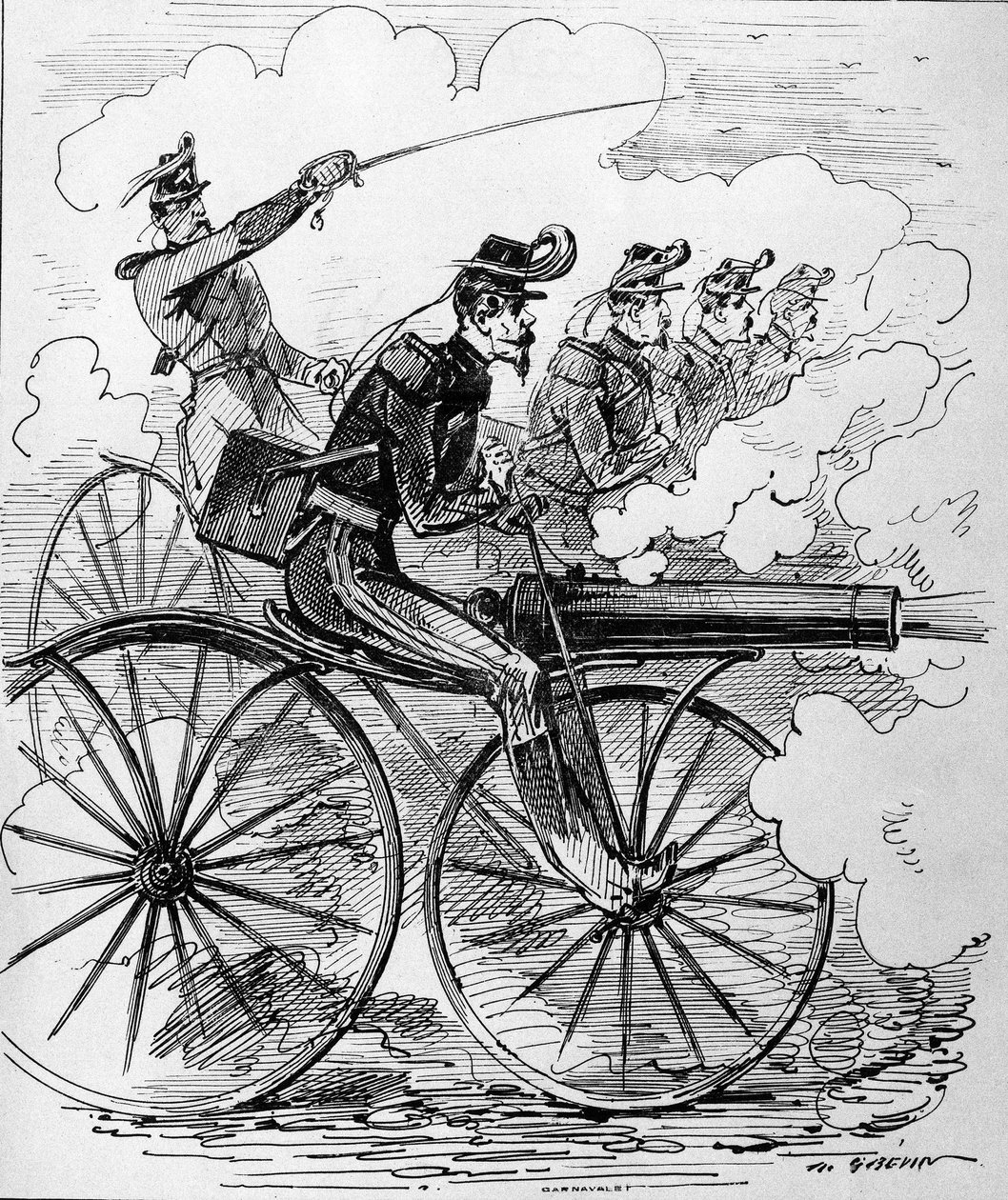 Humoros metszet: Gépfegyverekre alkalmazott Velocipedomania - 19. század. alkotó: Unknown artist