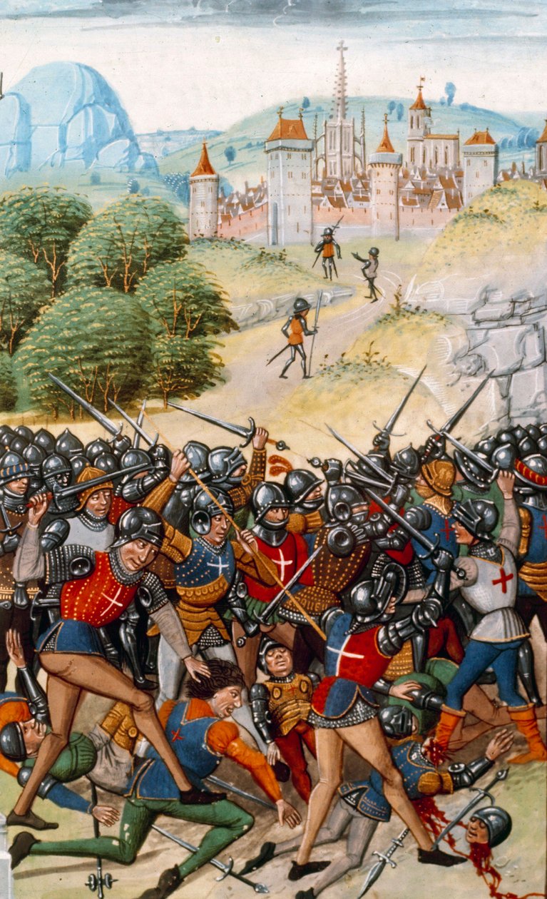 Százéves háború: Pontvallaini csata francia és angol között 1370. 12. 04-én” Miniatűr Jean Froissart (1337-1400) „Krónikáiból” 15. századi Párizs. B.N. alkotó: Unknown artist