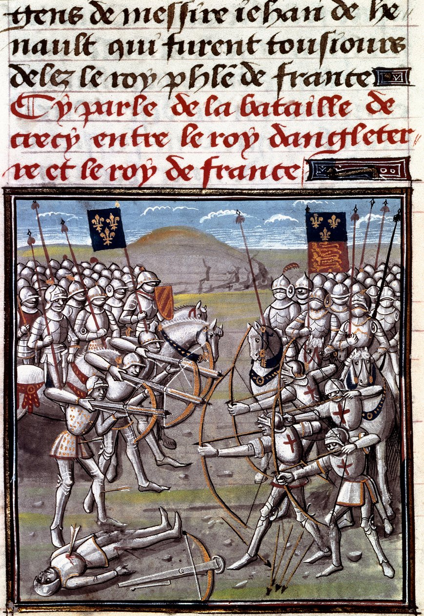 Százéves háború: a crecy-i csata 1346.08.26-án a franciák és az angolok között. Miniatűr Jean Froissart (1337-1400) krónikáiból alkotó: Unknown artist