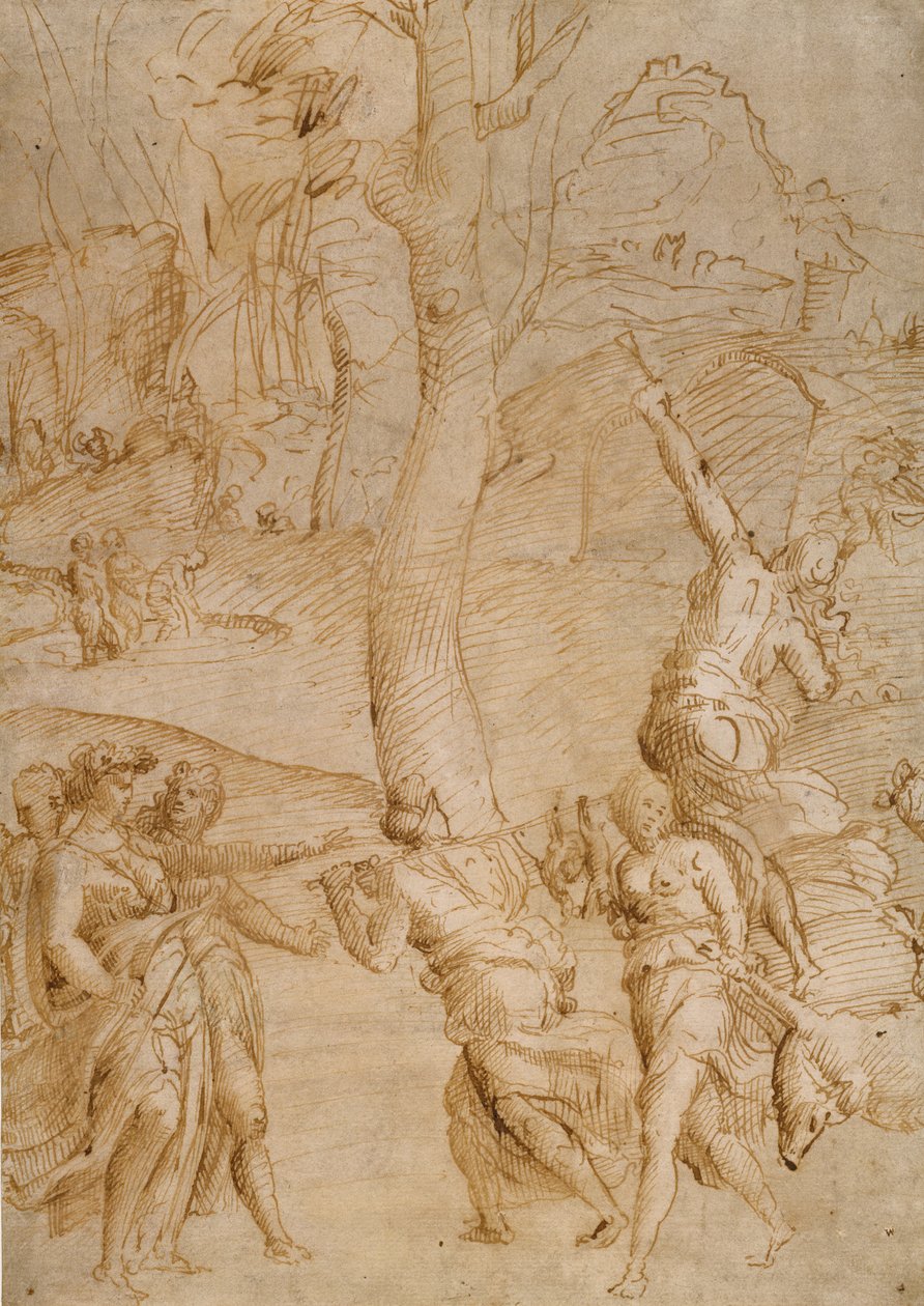 Vadászjelenet (recto); két tanulmány egy pár fekvő folyami istenről (), egy szarkofág előlapja () verso alkotó: Unknown artist
