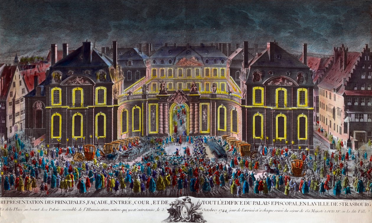Strasbourg város püspöki palotájának megvilágítása a város által tartott ünnepségeken XV. Lajos király (1710-1774) súlyos betegség utáni lábadozása idején, 1744.05.10. Időszaki Nyomtatási Magángyűjtemény alkotó: Unknown artist