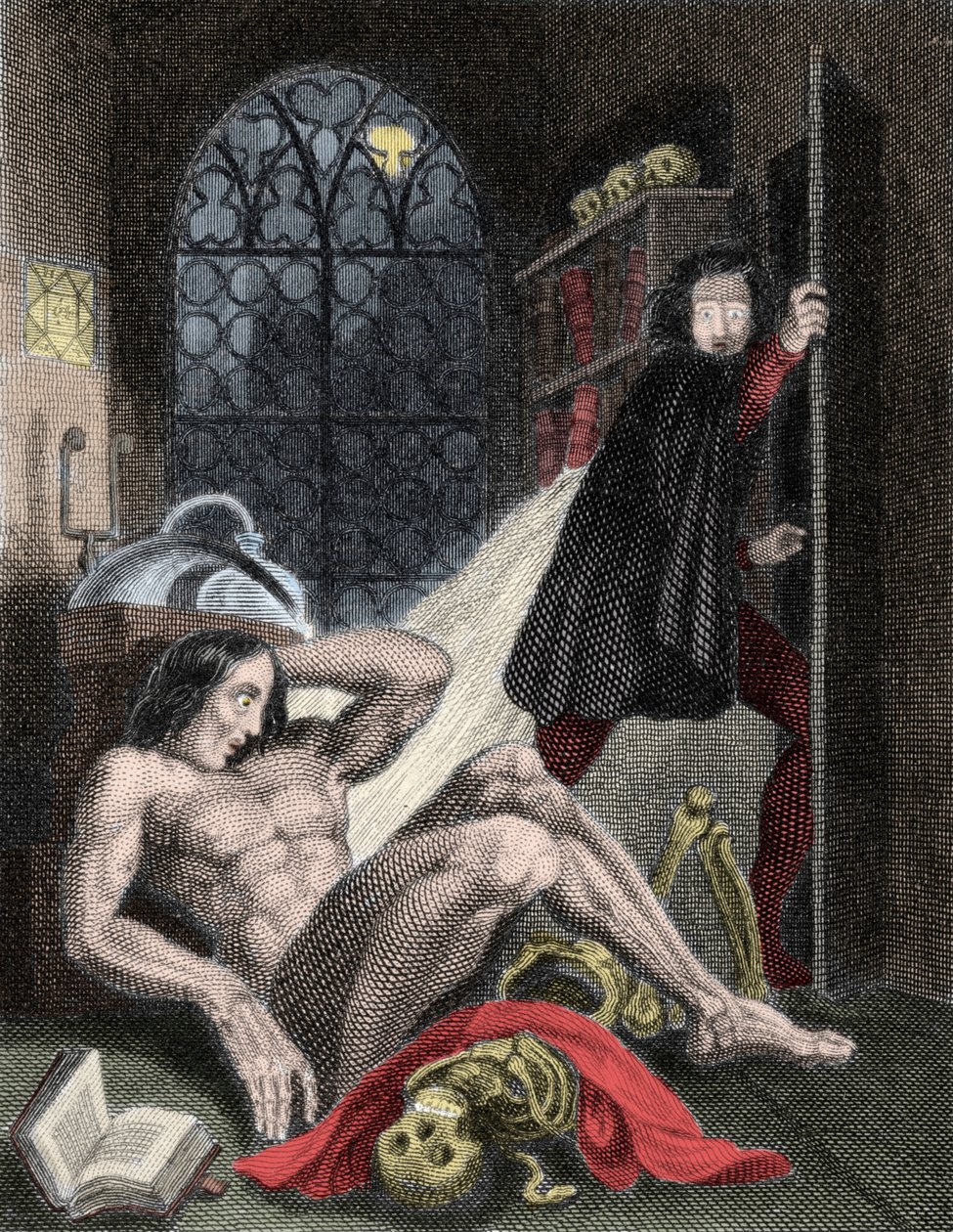 Illusztráció a „Frankenstein” című brit írónőtől, Mary Wollstonecraft Shelleytől (1797-1851). 1831: „A félig kialudt fény csillogásával láttam, hogy a lény tompa sárga szeme kinyílik: nehezen lélegzett, és görcsös mozdulat izgatta végtagjait. alkotó: Unknown artist
